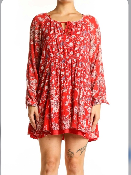 Free People Dresses & Skirts - Free People Long Sleeve Dress Women's Size XS Red Floral Mini Length Boho Flowy